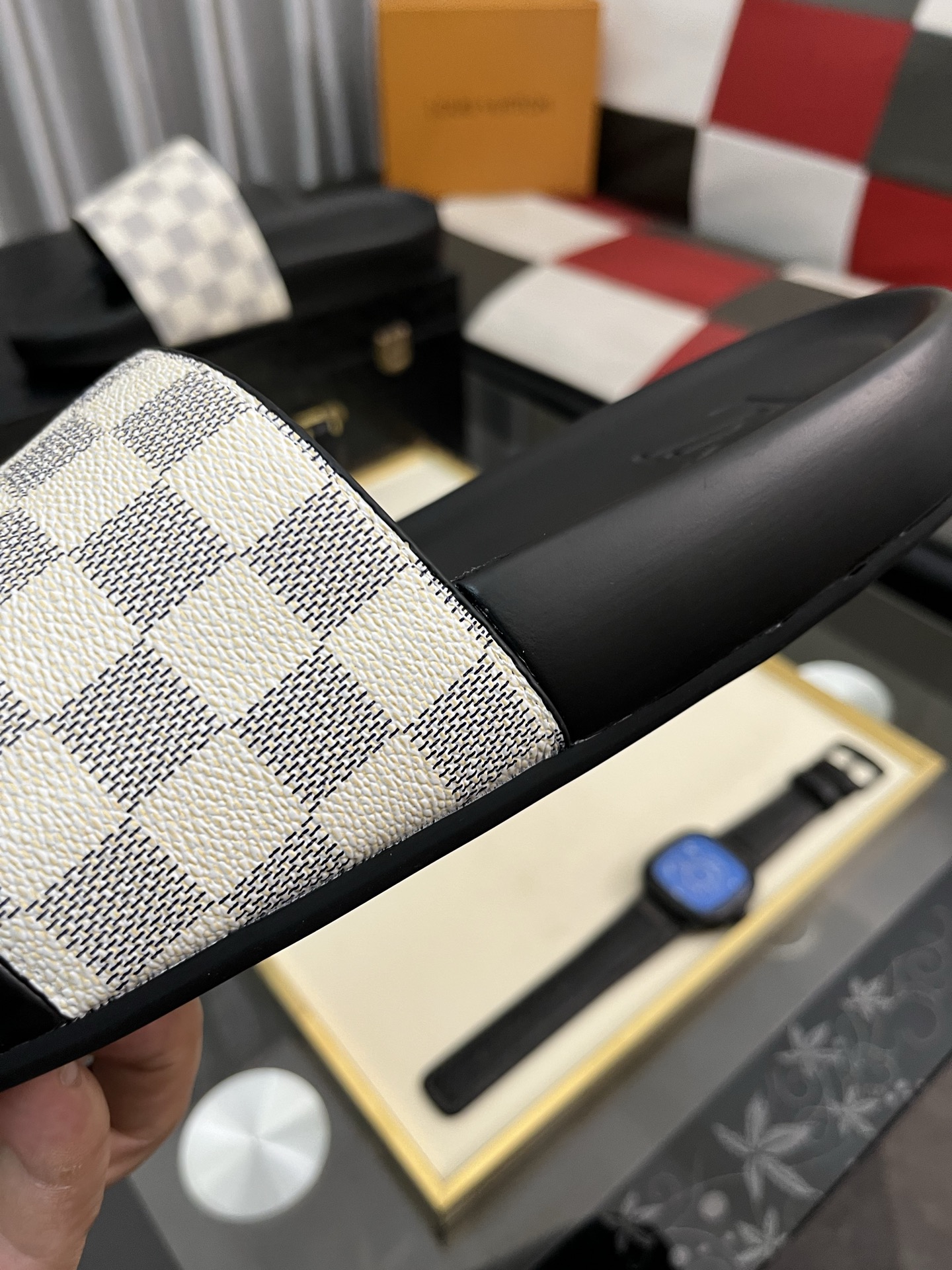 LV サンダルヒールコピー スリッパ  カジュアル 室内 格子模様 メンズ グレー_6