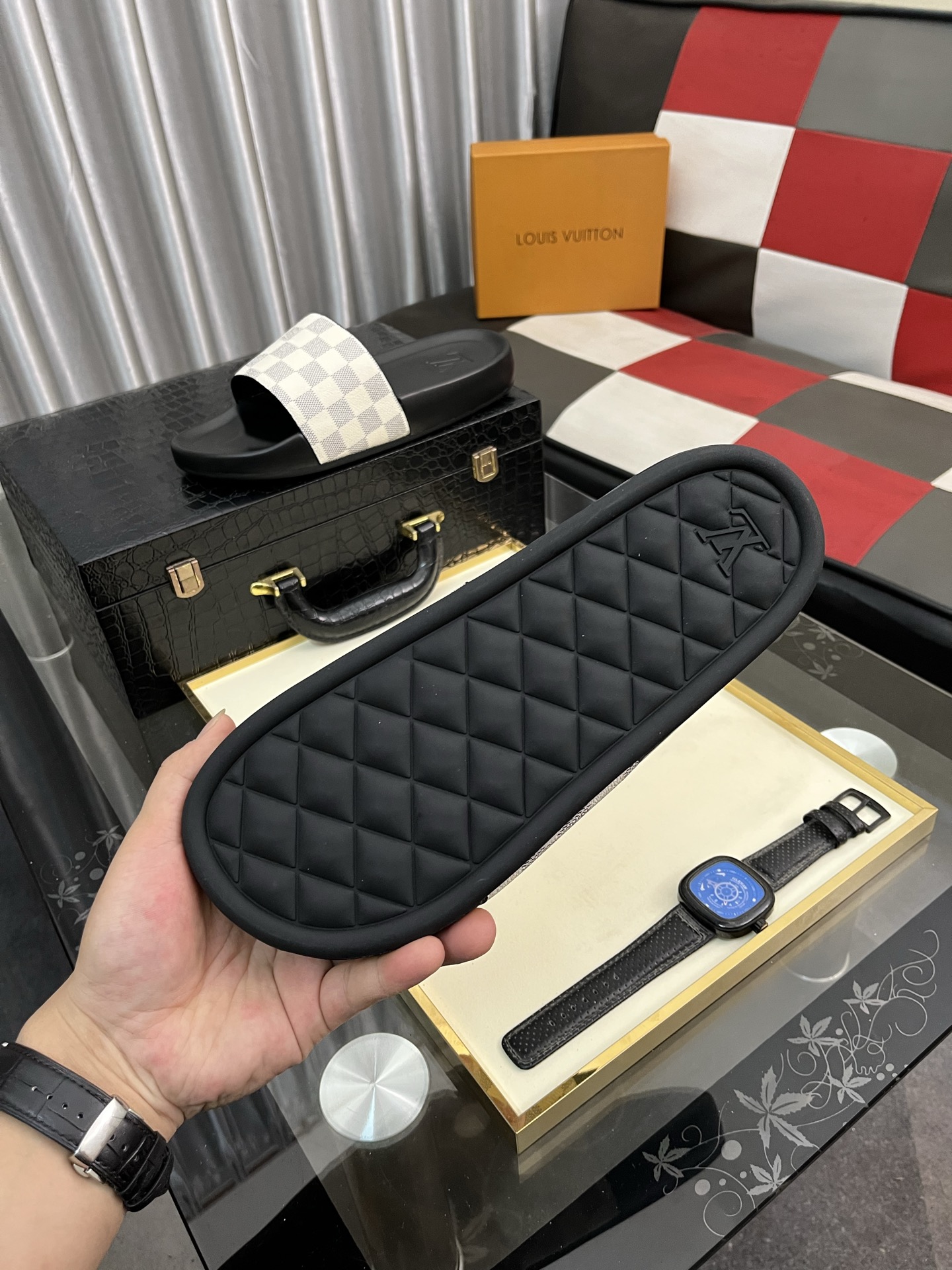LV サンダルヒールコピー スリッパ  カジュアル 室内 格子模様 メンズ グレー_8