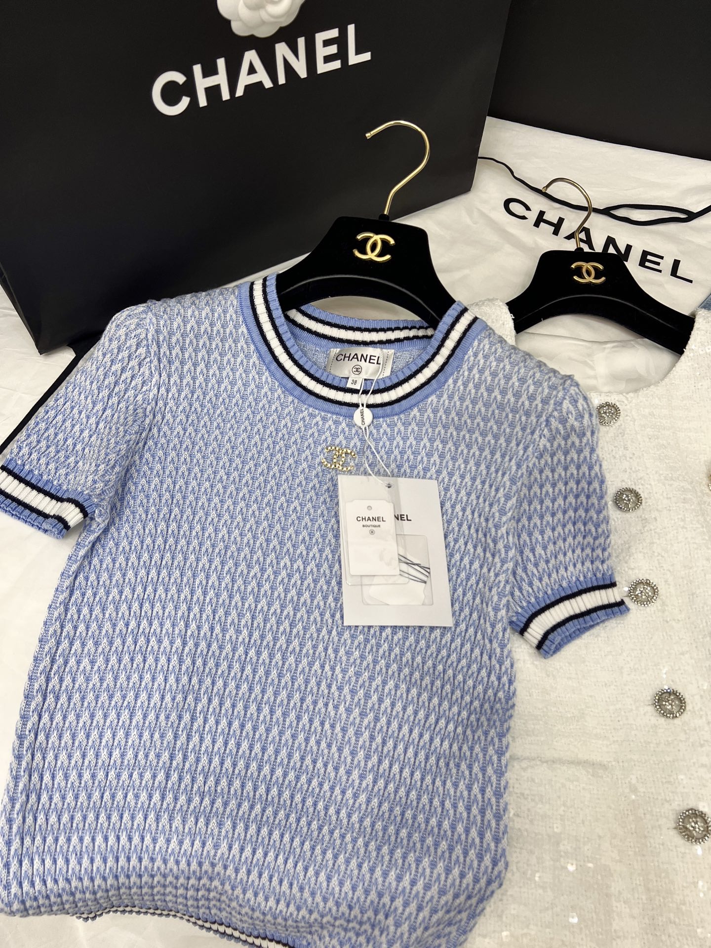 高級感 chanel t シャツスーパーコピー 柔軟 ニット素材 トップス 半袖 シンプル ブルー_1