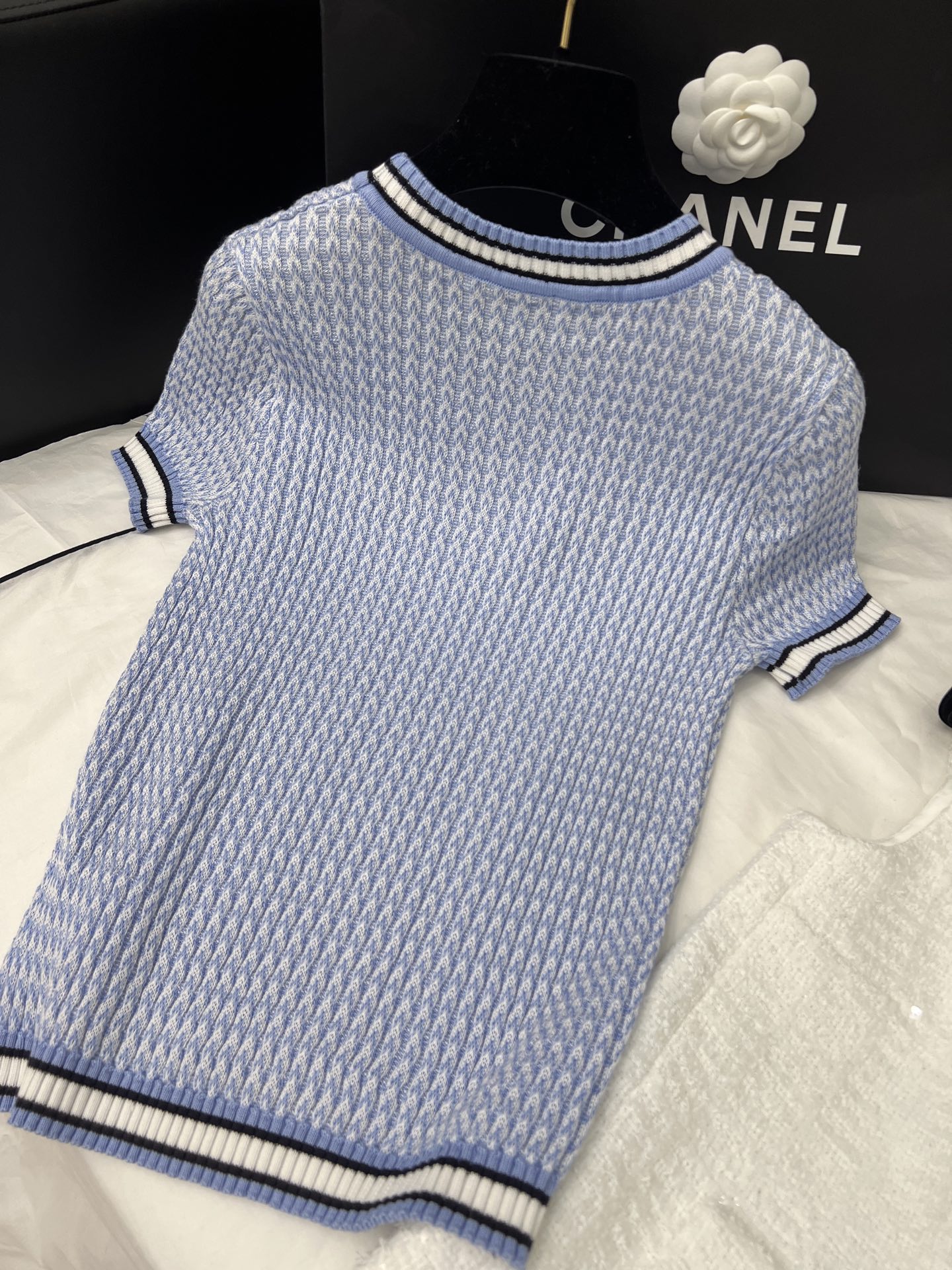 高級感 chanel t シャツスーパーコピー 柔軟 ニット素材 トップス 半袖 シンプル ブルー_2