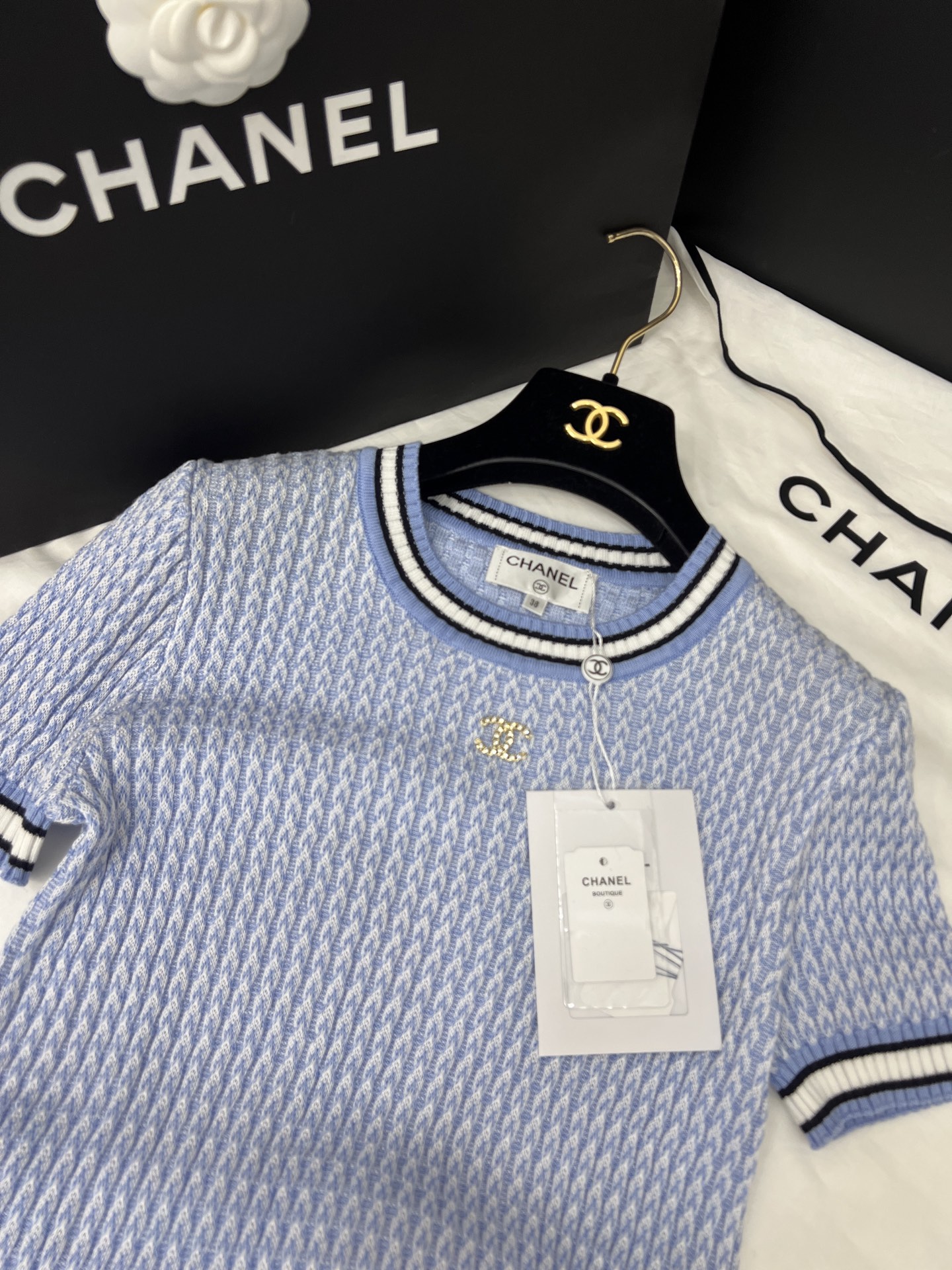 高級感 chanel t シャツスーパーコピー 柔軟 ニット素材 トップス 半袖 シンプル ブルー_3