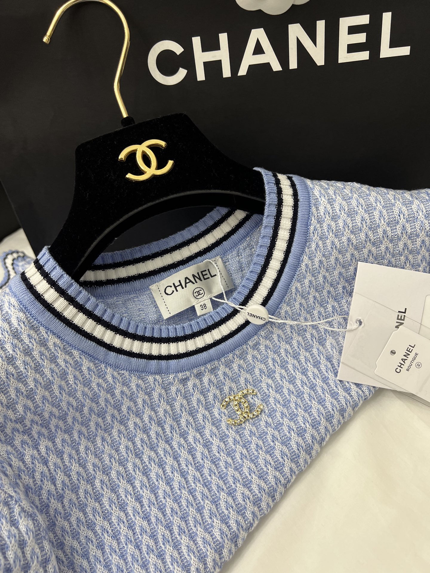 高級感 chanel t シャツスーパーコピー 柔軟 ニット素材 トップス 半袖 シンプル ブルー_4